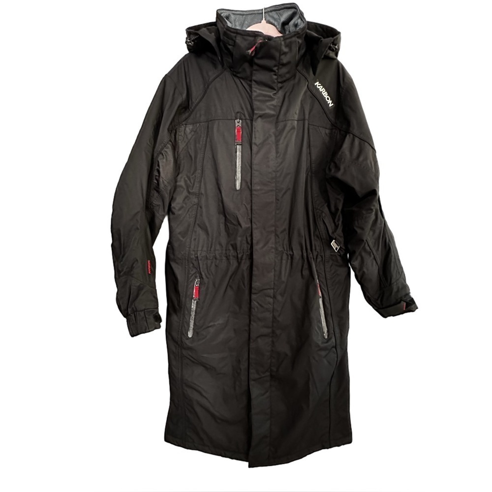 KARBON Radon Men’s Full Length Coat, jacket, Black, Warm, Hood, Size M, EUC